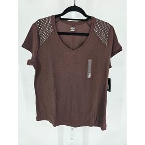 ANA A New Approach Womens Sz XL Short Sleeve V Neck T Shirt Brown Studded NEW